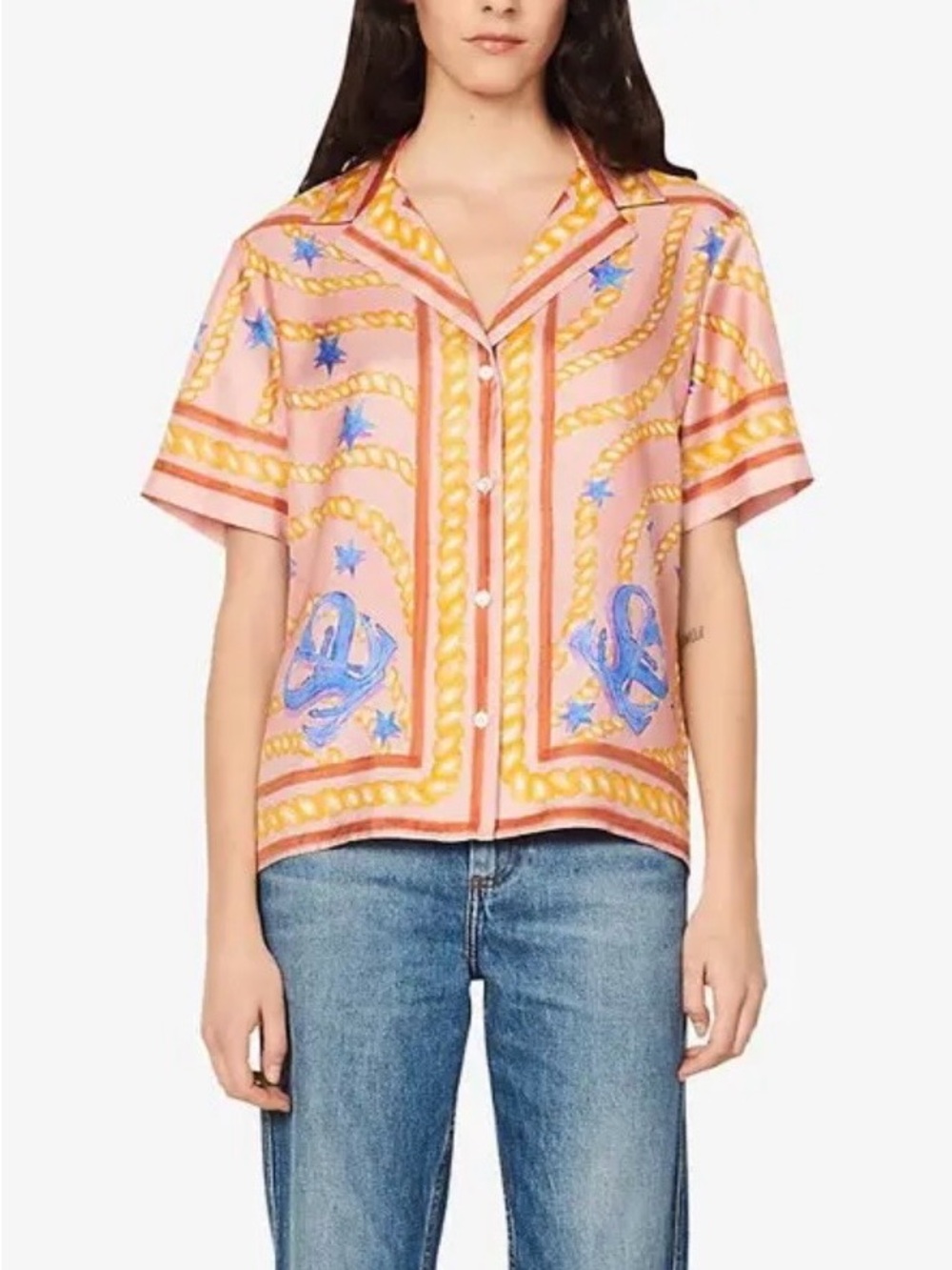 SANDRO Athena Star-Print Silk Shirt Size Small